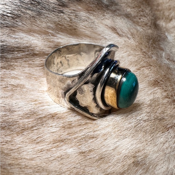 Hammered Sterling Silver & Bronze Bezel Malachite Statement Ring - Picture 6 of 12